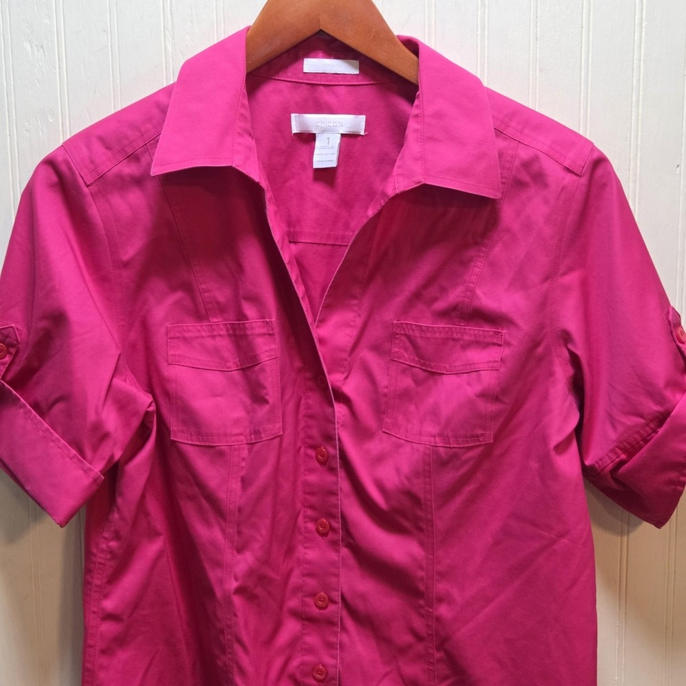 Chico's Button Up Shirt Womens 1 Pink Roll Tab Short Sleeve Cotton Top Casual